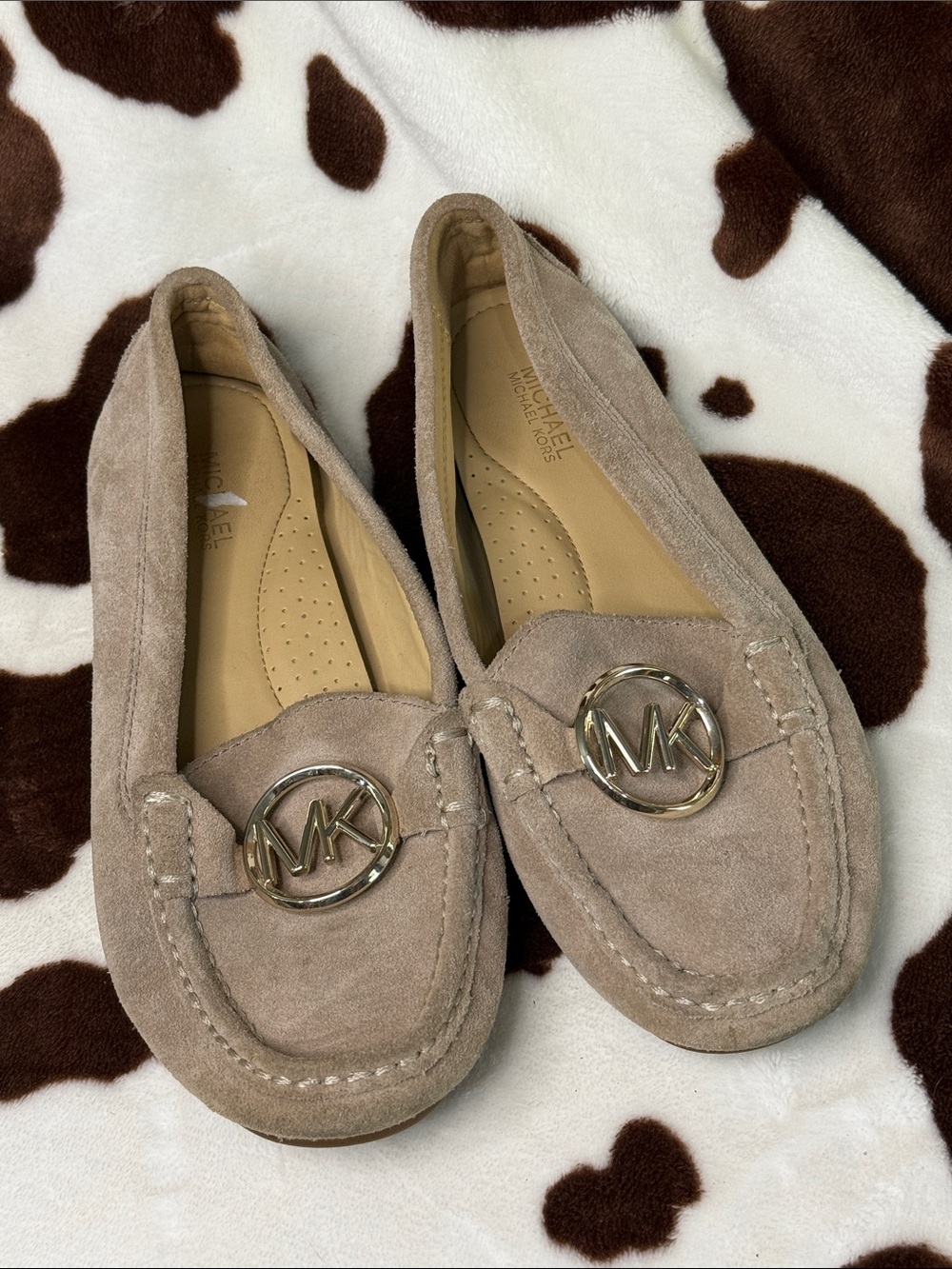 Michael Kors Taupe Suede MK Medallion Loafers